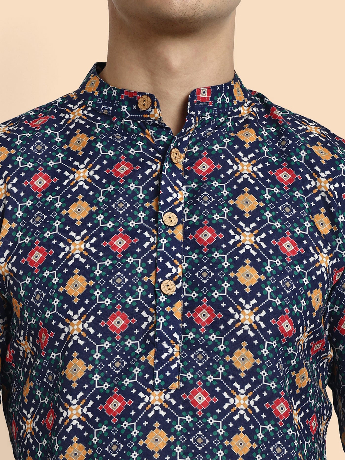 Navy Blue Printed Men's Short Kurta