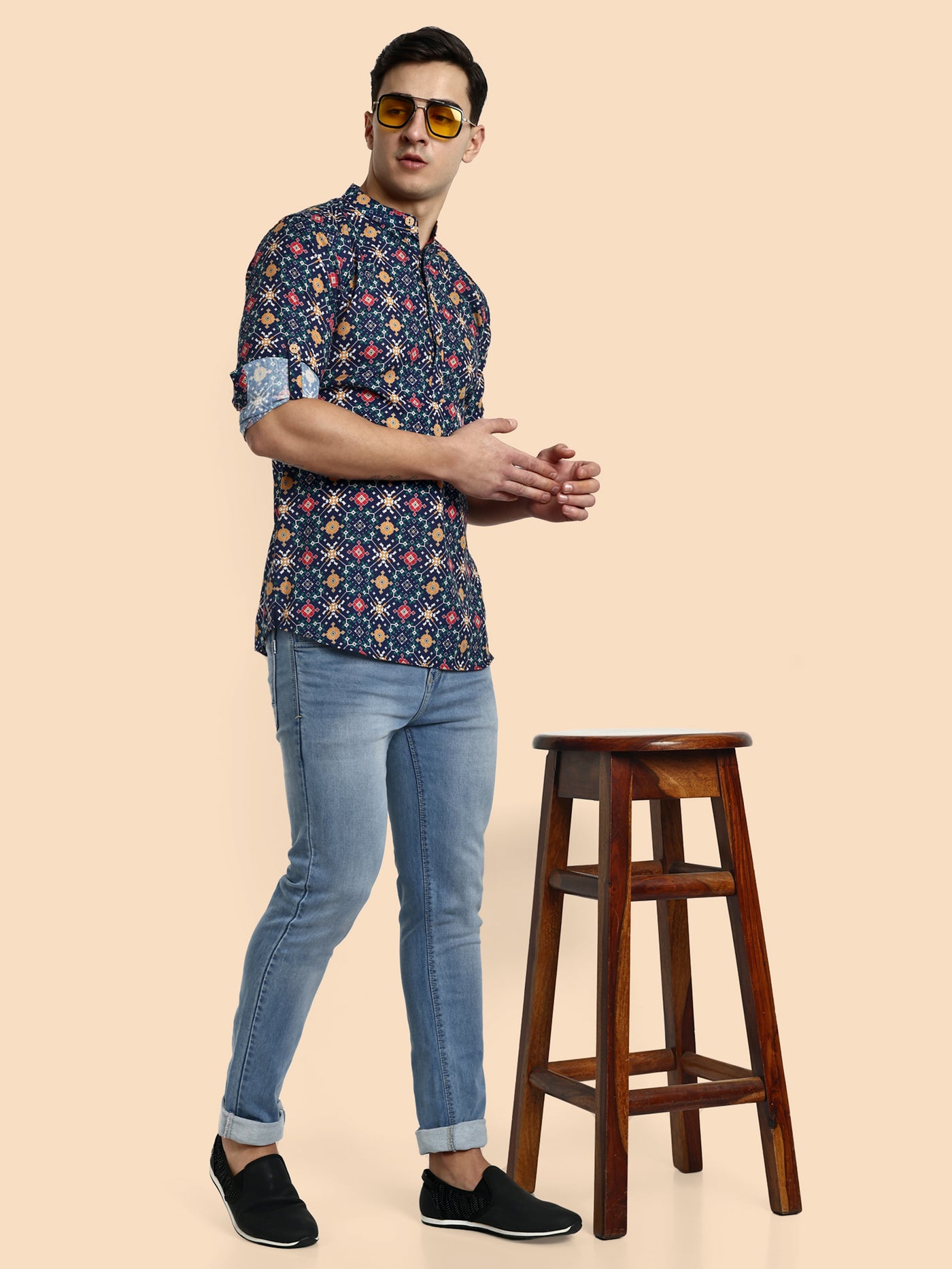 Navy Blue Printed Men's Short Kurta