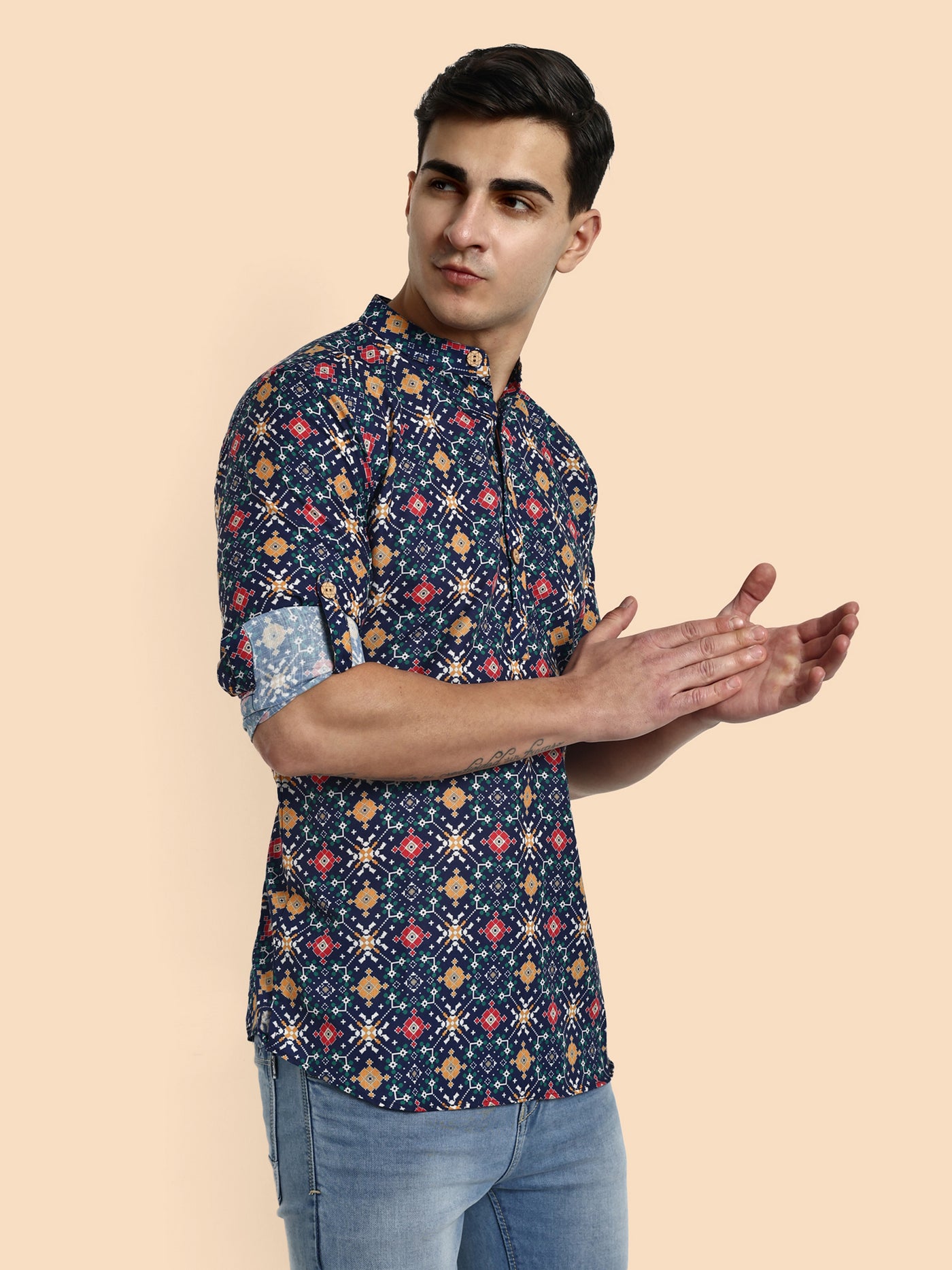 Navy Blue Printed Men's Short Kurta