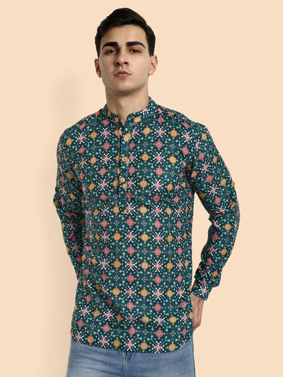 Green Printed Men's Short Kurta