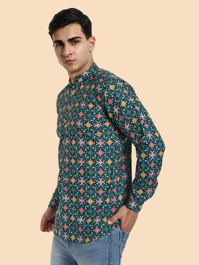 Green Printed Men's Short Kurta