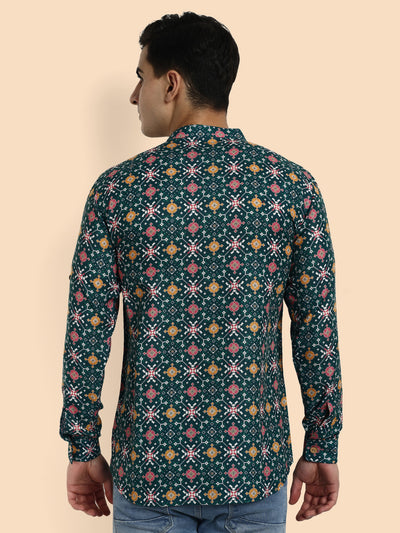 Green Printed Men's Short Kurta