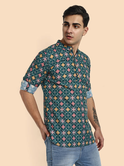 Green Printed Men's Short Kurta