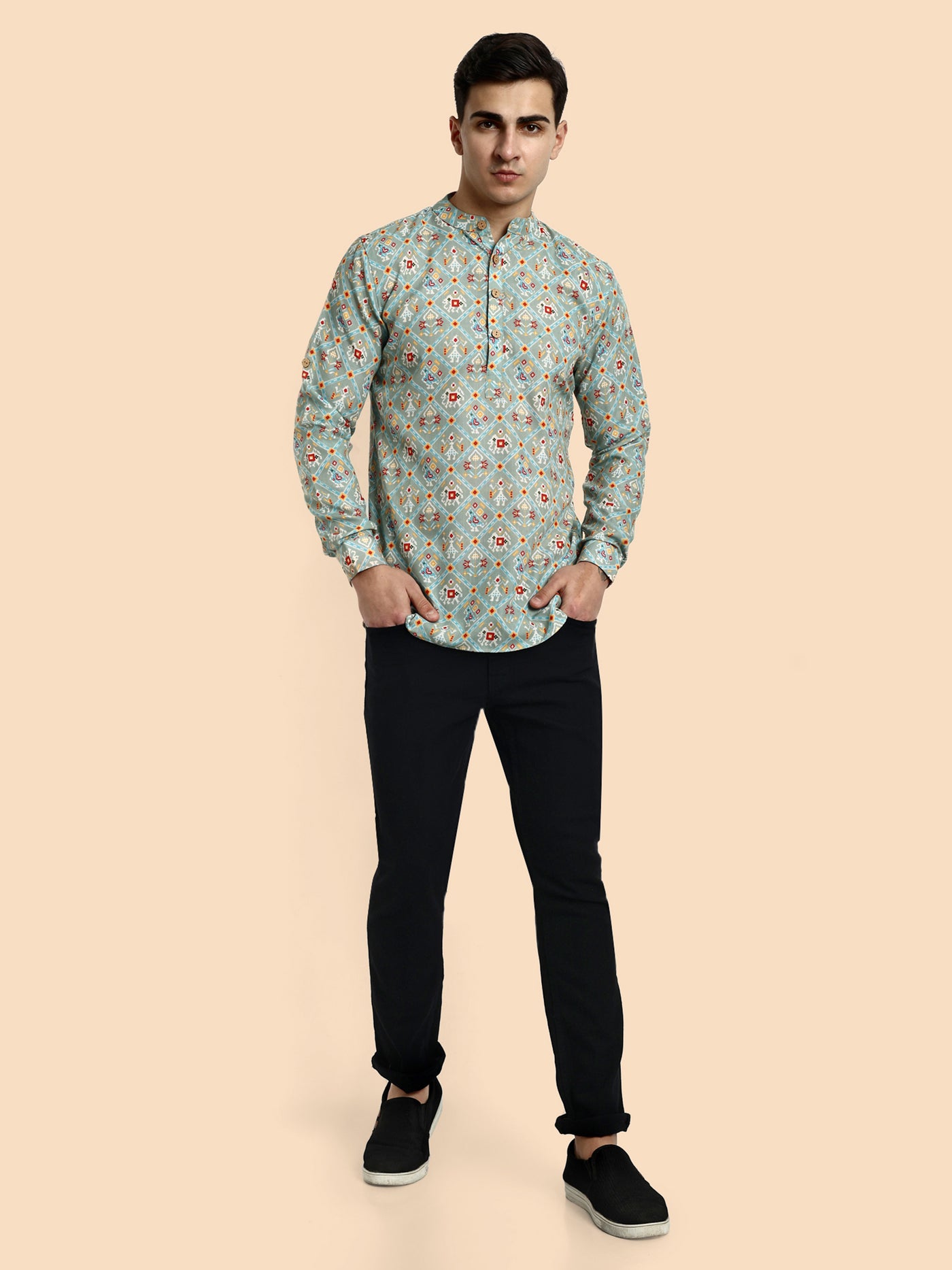 Sea Green Printed Men's Short Kurta