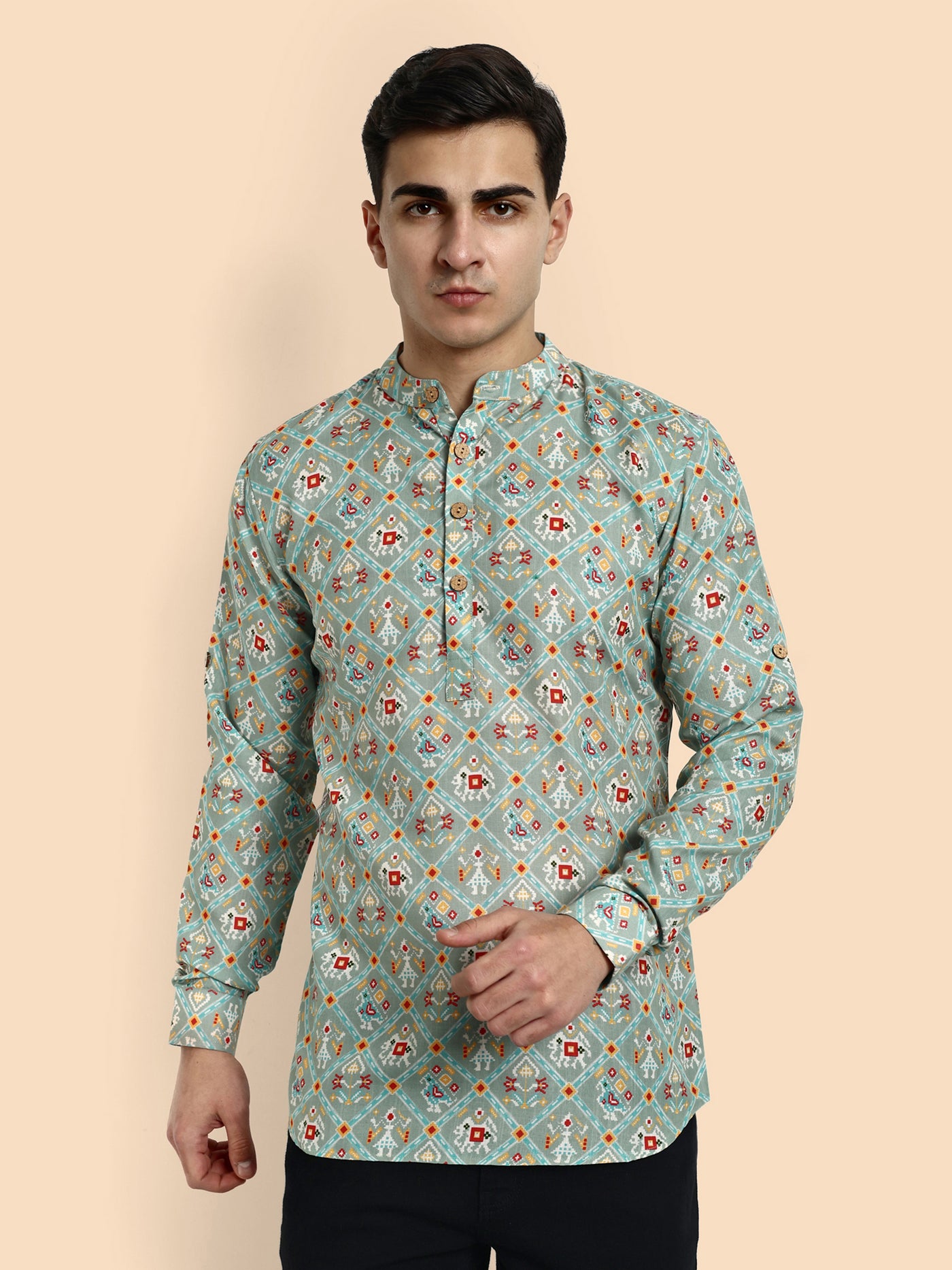 Sea Green Printed Men's Short Kurta