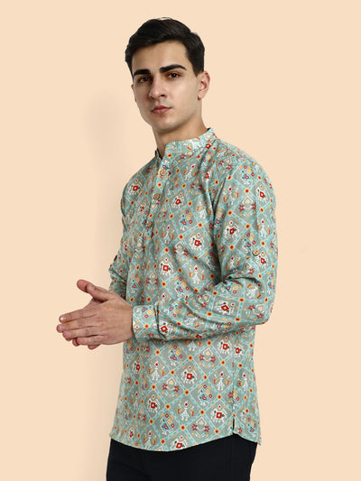 Sea Green Printed Men's Short Kurta