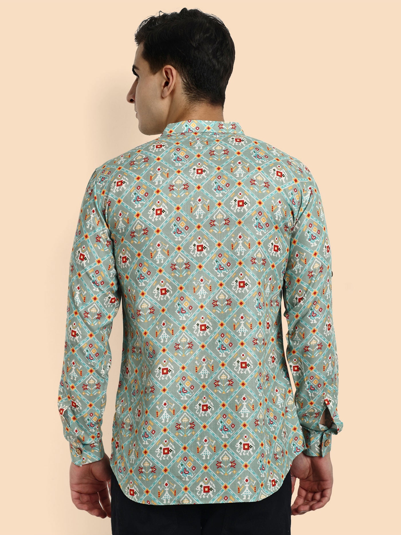 Sea Green Printed Men's Short Kurta