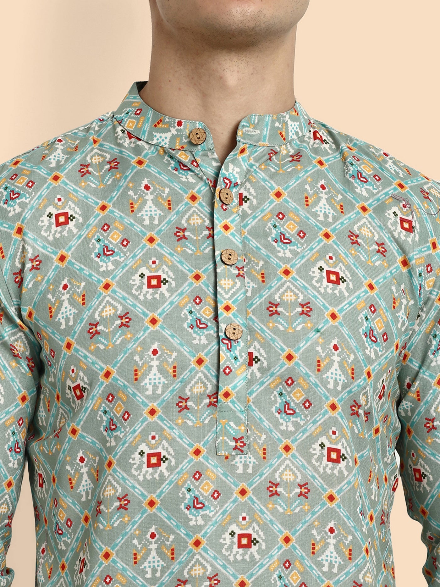 Sea Green Printed Men's Short Kurta