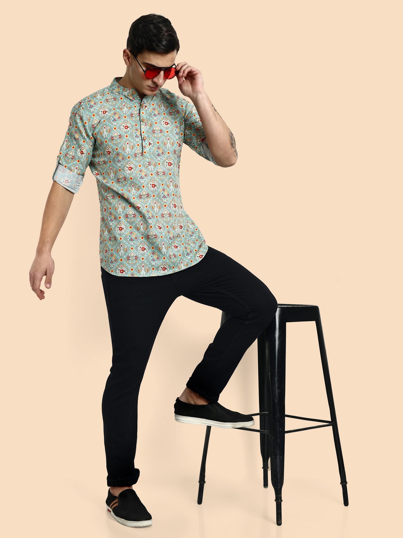 Sea Green Printed Men's Short Kurta