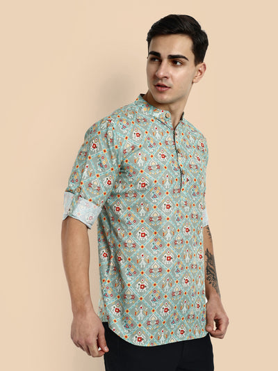 Sea Green Printed Men's Short Kurta