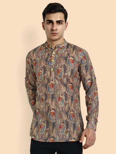 Green Printed Men's Short Kurta