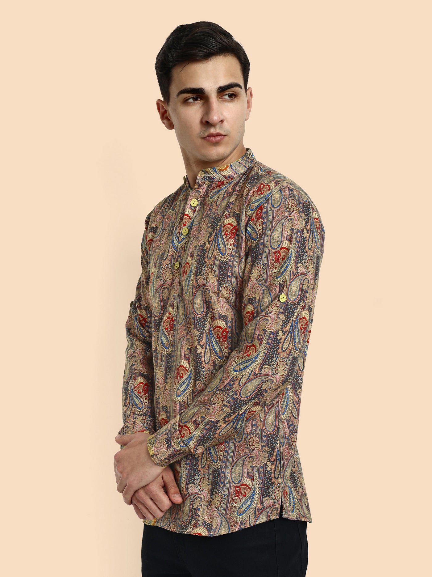 Green Printed Men's Short Kurta