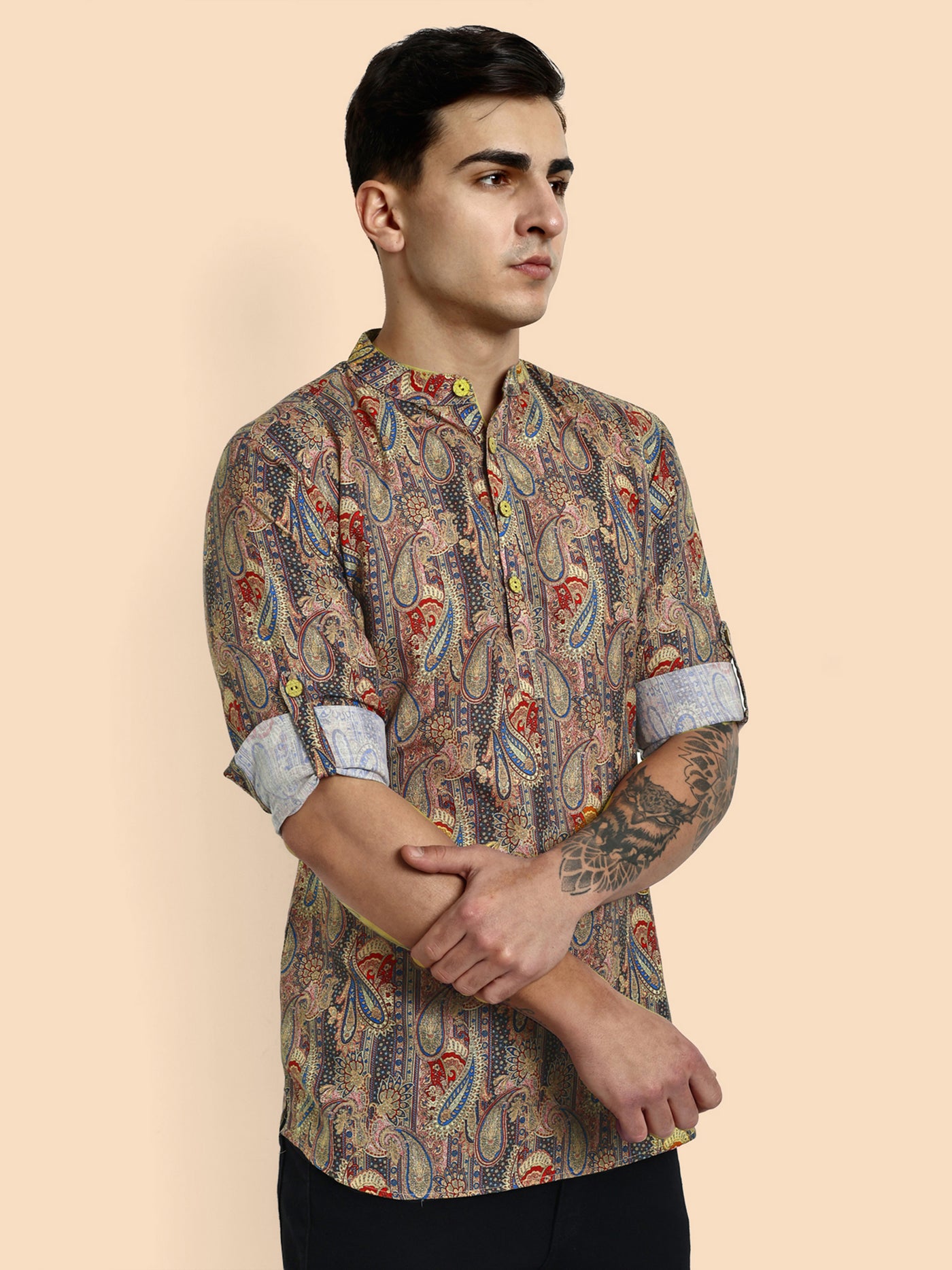 Green Printed Men's Short Kurta