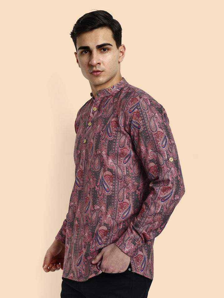 Pink Printed Men's Short Kurta
