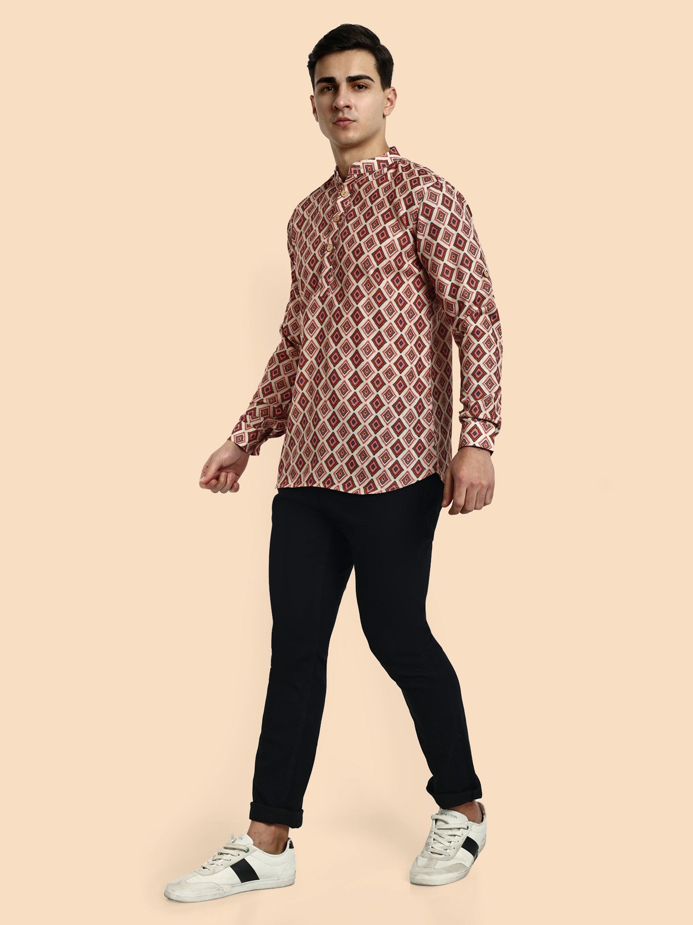 Beige Printed Men's Short Kurta