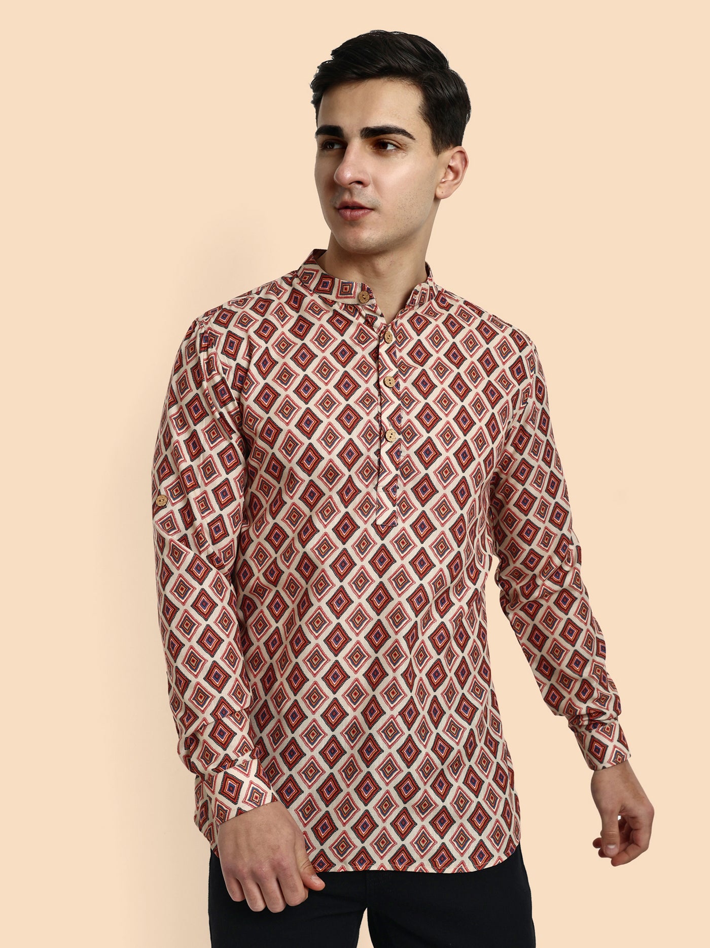 Beige Printed Men's Short Kurta