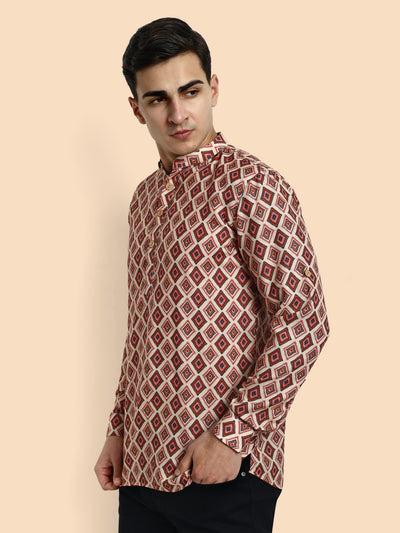 Beige Printed Men's Short Kurta