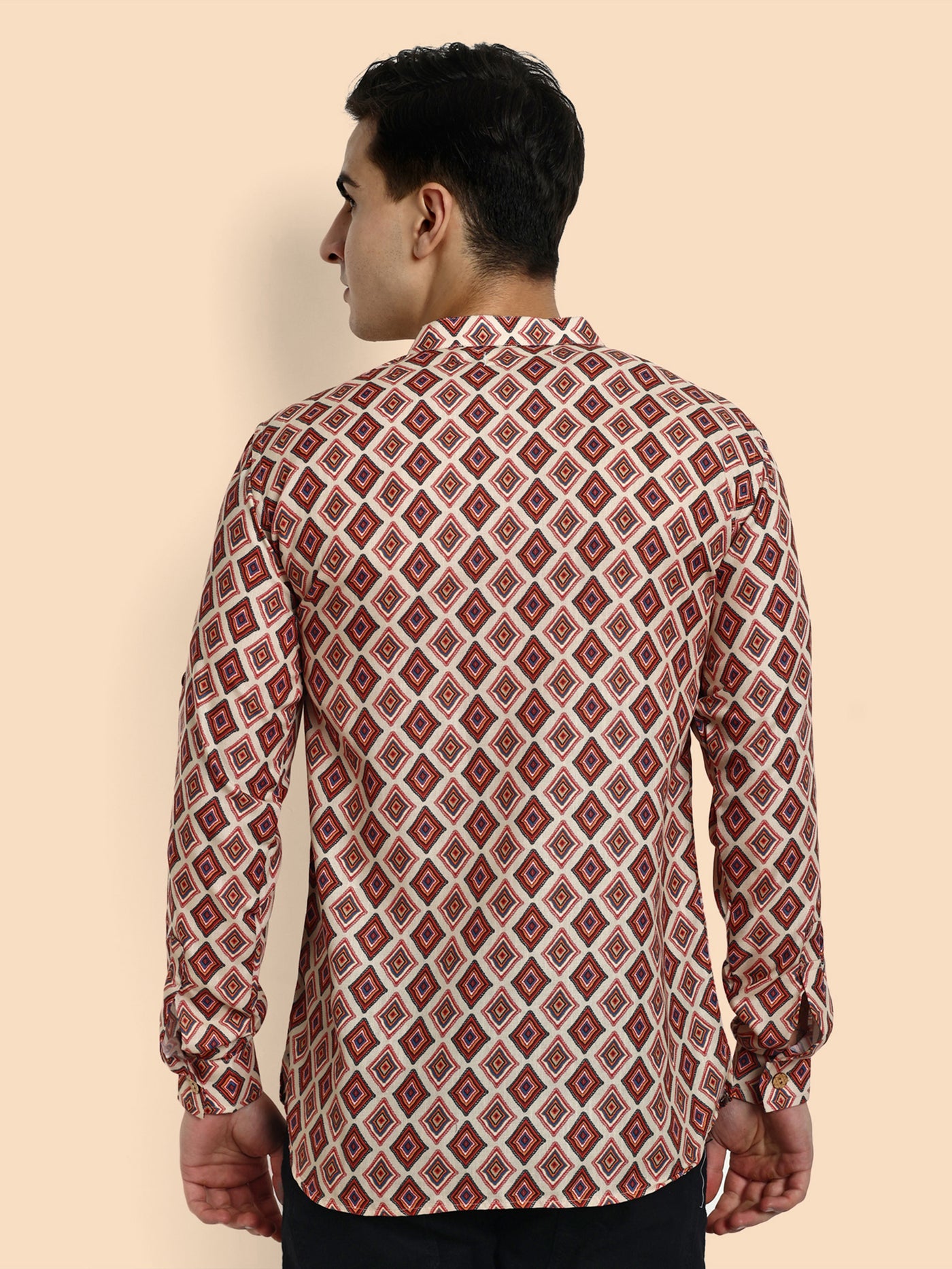 Beige Printed Men's Short Kurta