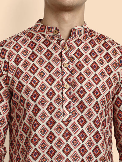 Beige Printed Men's Short Kurta