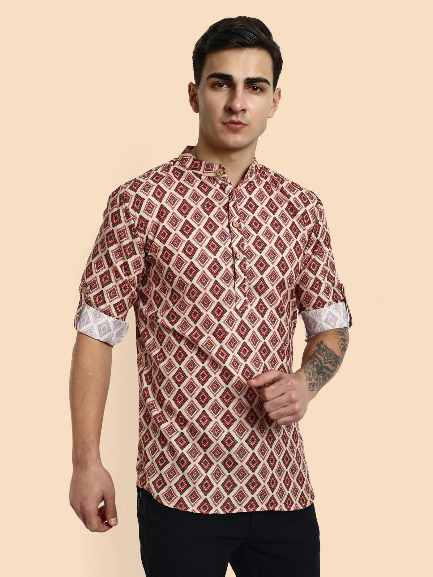 Beige Printed Men's Short Kurta