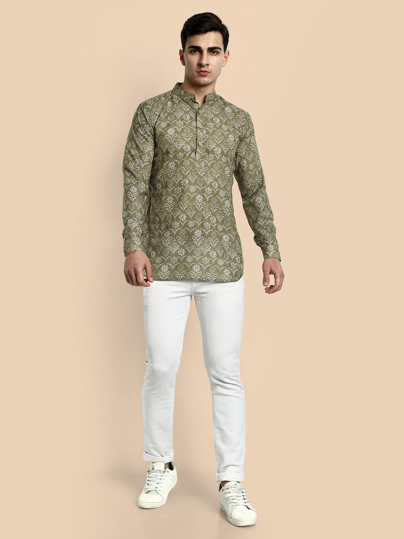 Mehendi Green Printed Men's Short Kurta