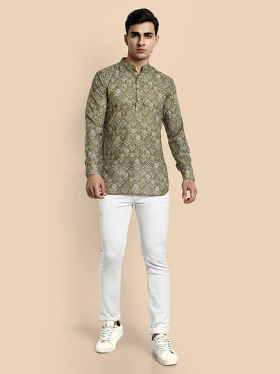 Mehendi Green Printed Men's Short Kurta