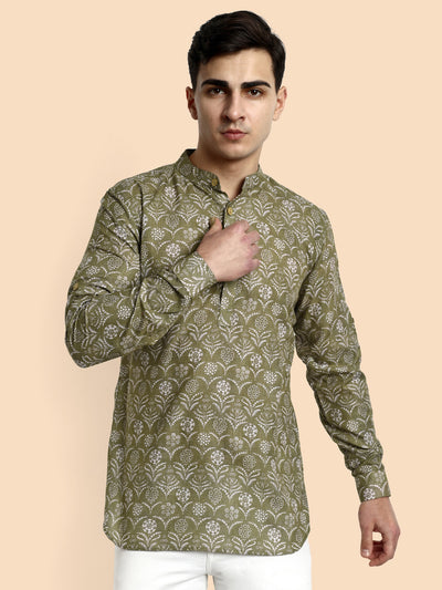 Mehendi Green Printed Men's Short Kurta