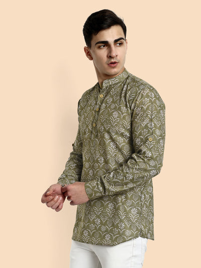 Mehendi Green Printed Men's Short Kurta