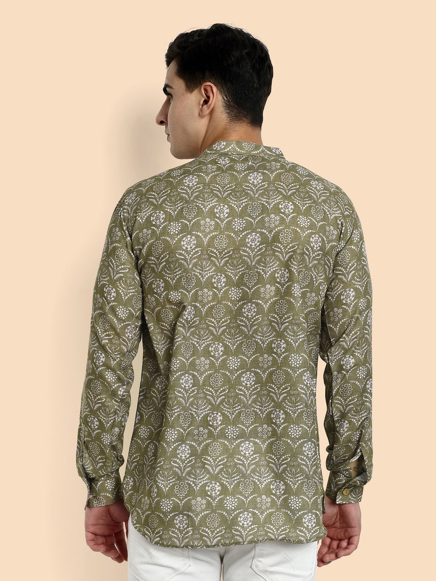 Mehendi Green Printed Men's Short Kurta