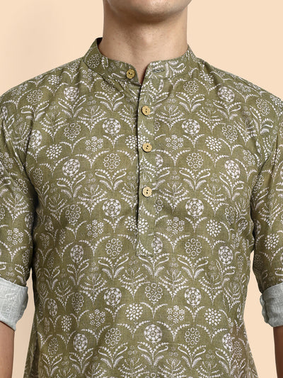 Mehendi Green Printed Men's Short Kurta