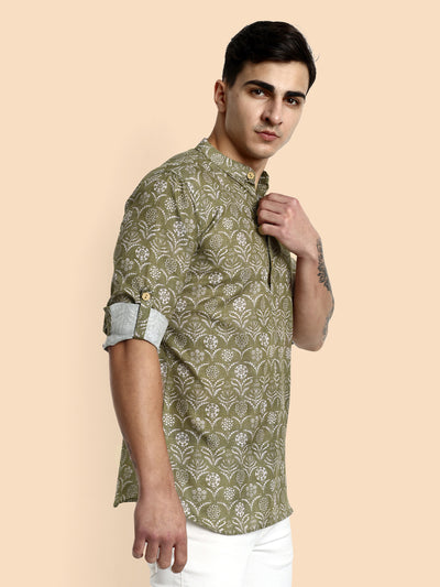 Mehendi Green Printed Men's Short Kurta