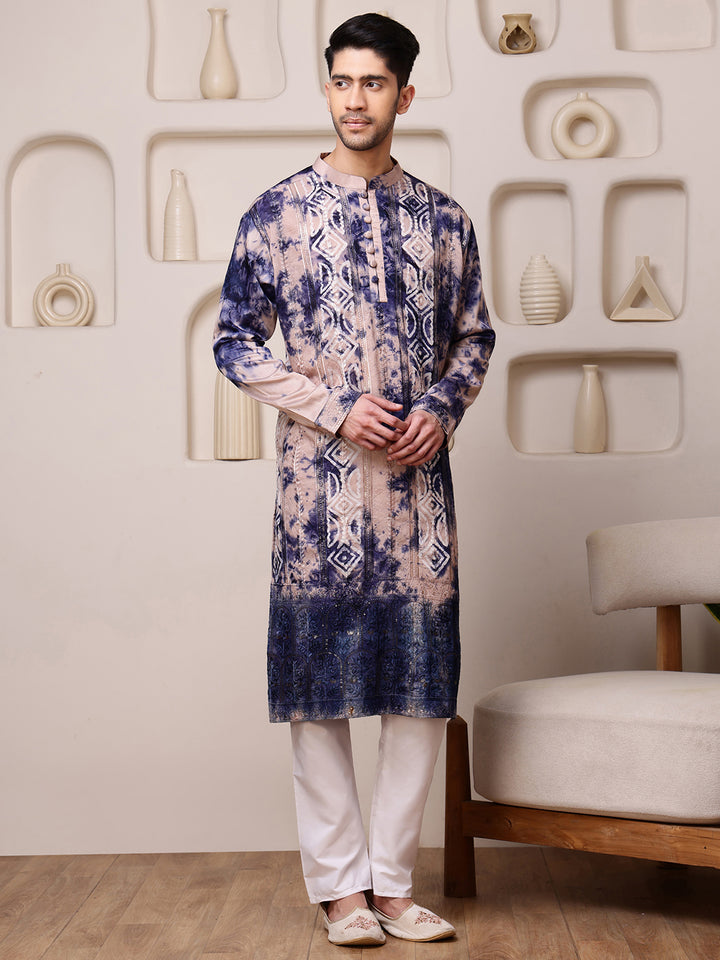 Beige–Navy Blue Kurta with Embroidered Tie-Dye Work