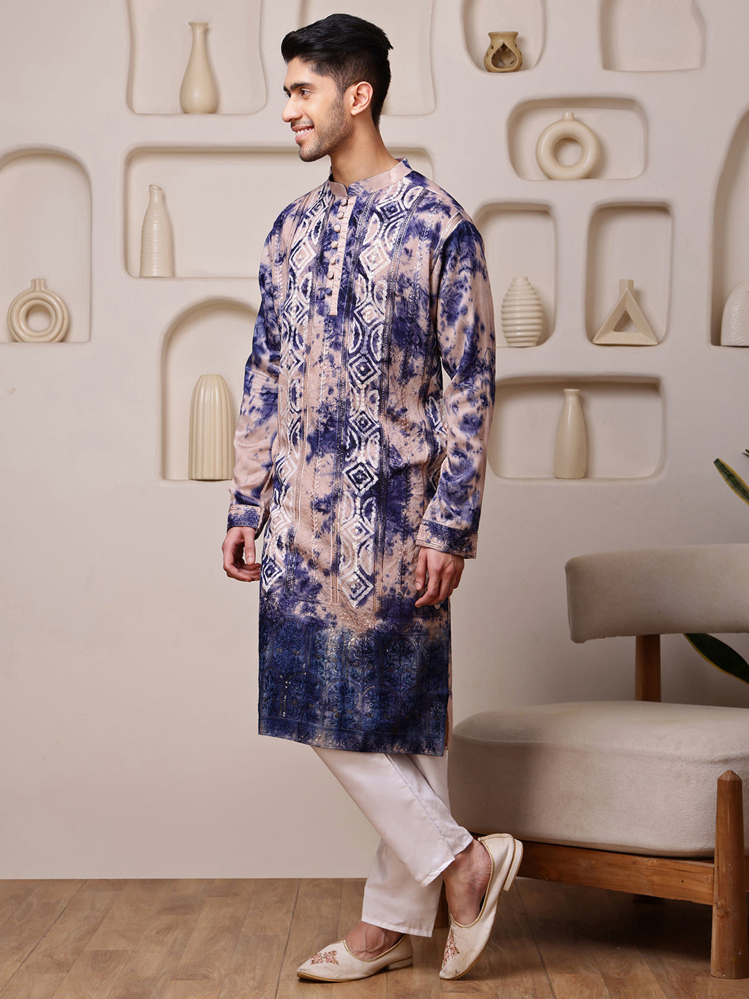 Beige–Navy Blue Kurta with Embroidered Tie-Dye Work