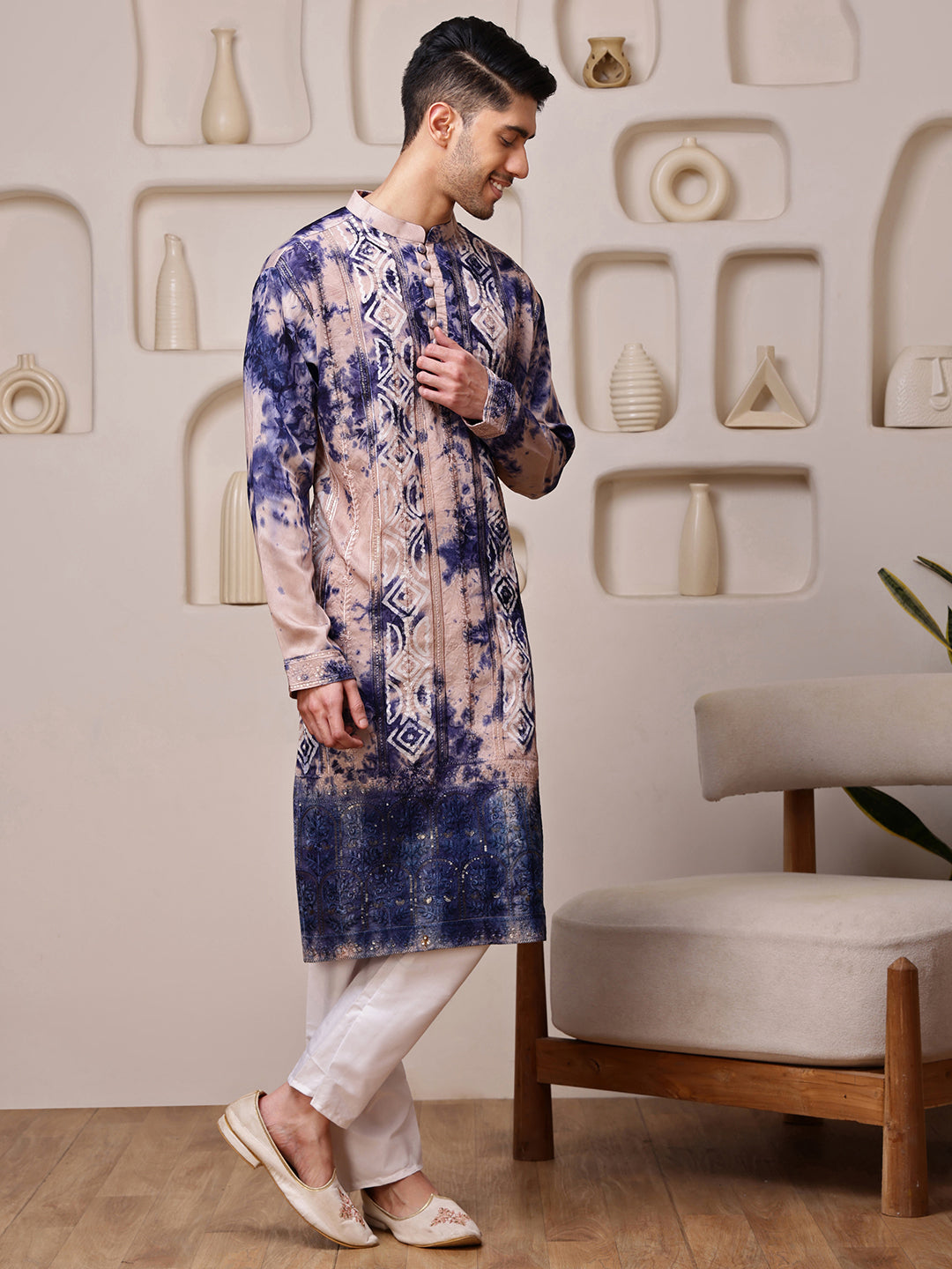 Beige–Navy Blue Kurta with Embroidered Tie-Dye Work