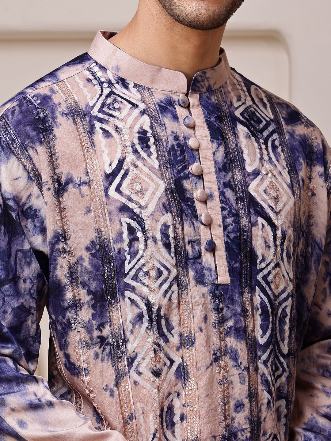 Beige–Navy Blue Kurta with Embroidered Tie-Dye Work