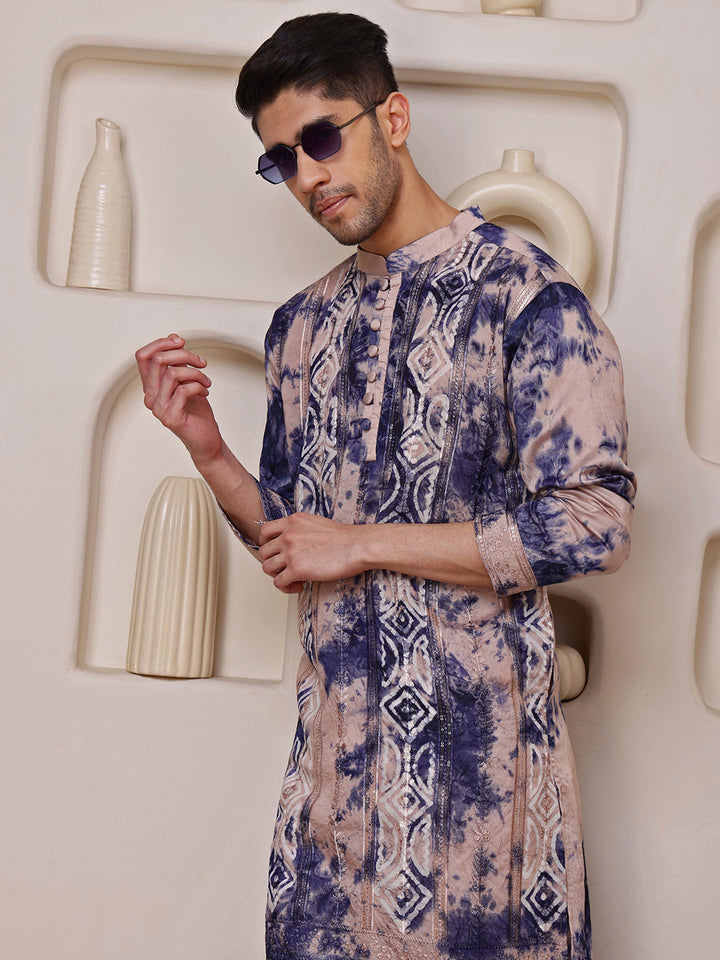 Beige–Navy Blue Kurta with Embroidered Tie-Dye Work