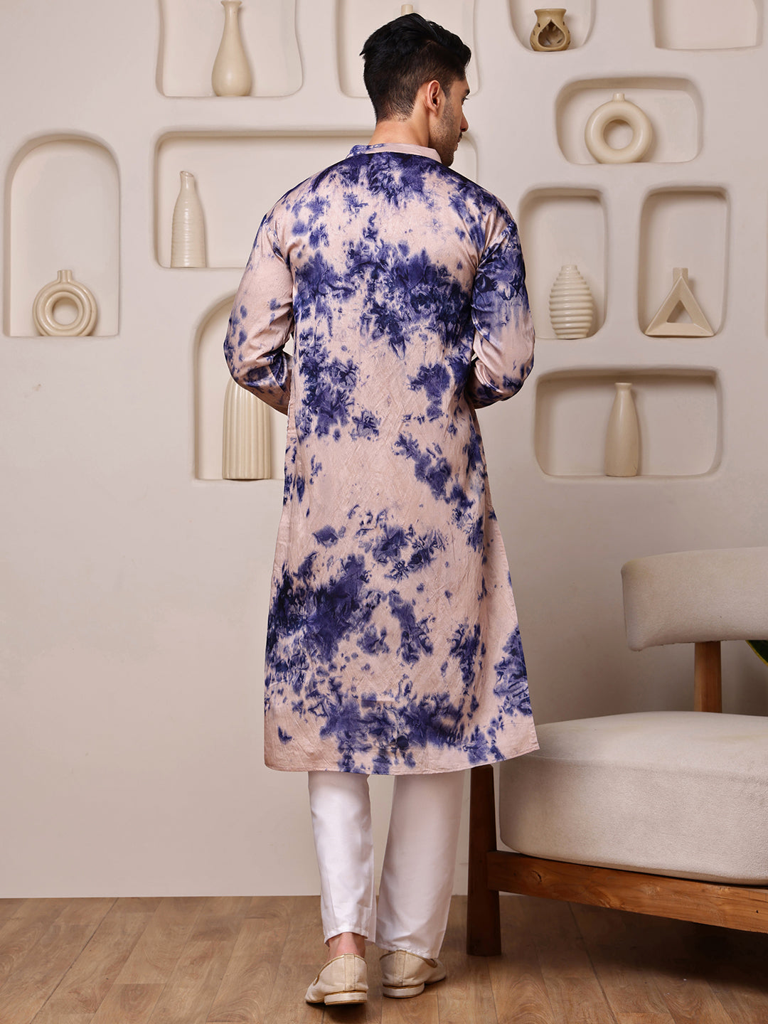 Beige–Navy Blue Kurta with Embroidered Tie-Dye Work