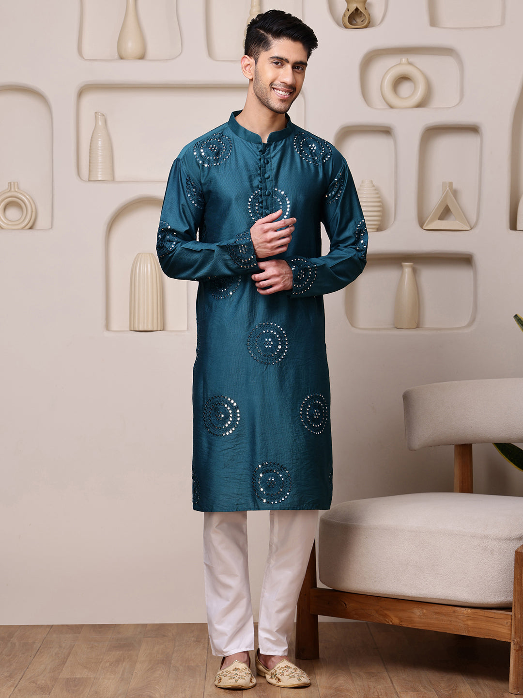 Blue Embroidered Kurta with Thread and Mirror Work