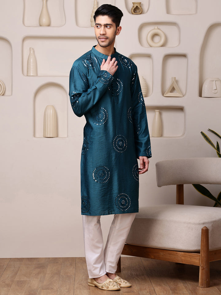 Blue Embroidered Kurta with Thread and Mirror Work