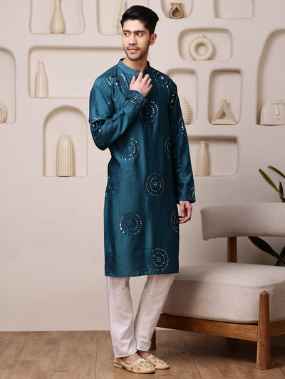 Blue Embroidered Kurta with Thread and Mirror Work