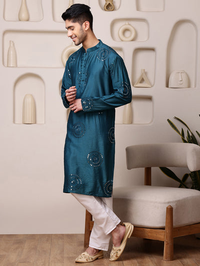 Blue Embroidered Kurta with Thread and Mirror Work