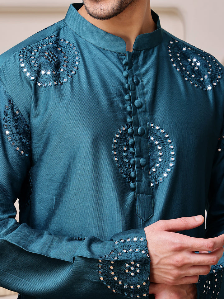 Blue Embroidered Kurta with Thread and Mirror Work