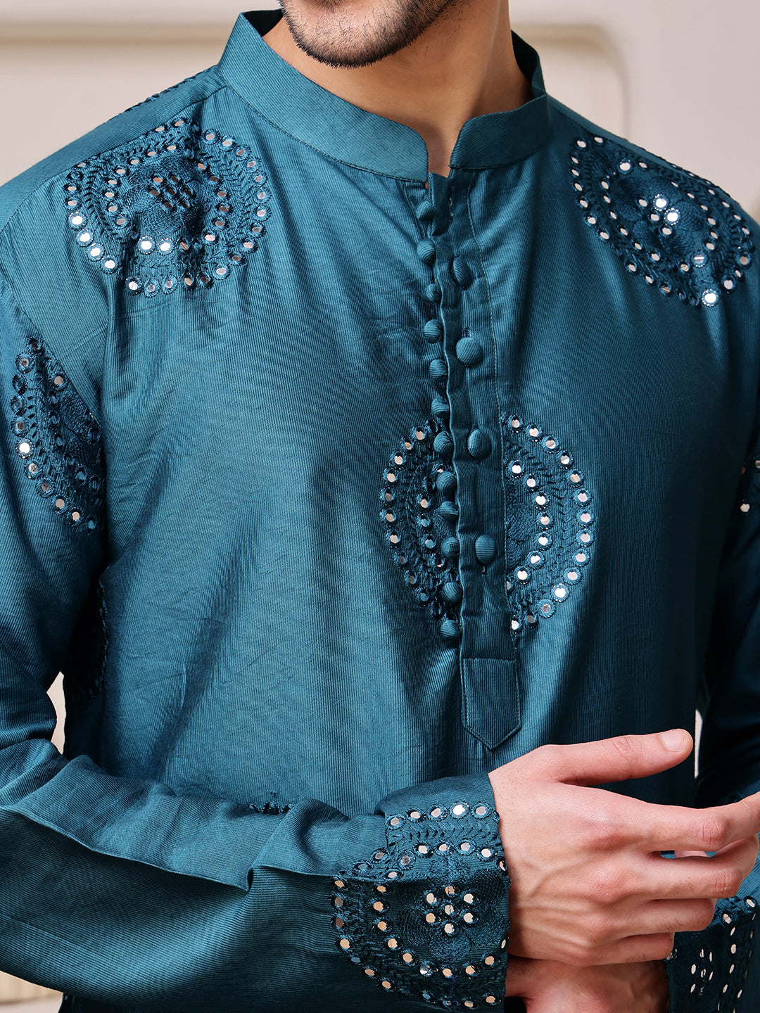 Blue Embroidered Kurta with Thread and Mirror Work