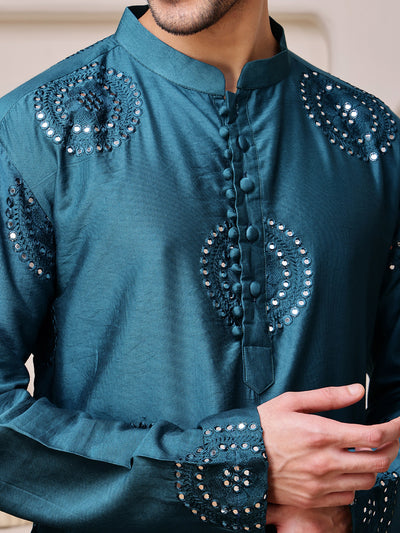 Blue Embroidered Kurta with Thread and Mirror Work
