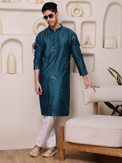 Blue Embroidered Kurta with Thread and Mirror Work