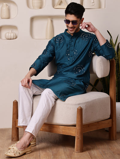 Blue Embroidered Kurta with Thread and Mirror Work