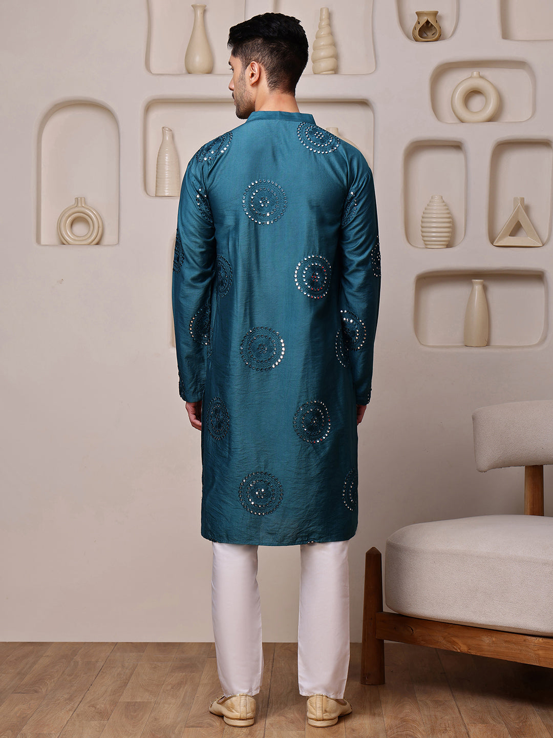 Blue Embroidered Kurta with Thread and Mirror Work