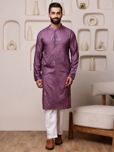 Wine Embroidered Kurta with Thread and Mirror Work