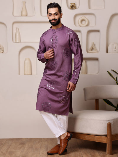 Wine Embroidered Kurta with Thread and Mirror Work