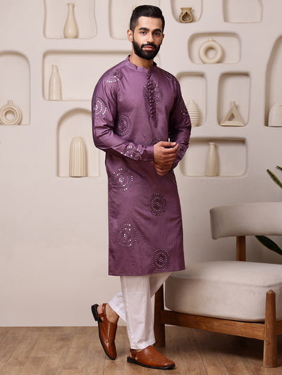 Wine Embroidered Kurta with Thread and Mirror Work